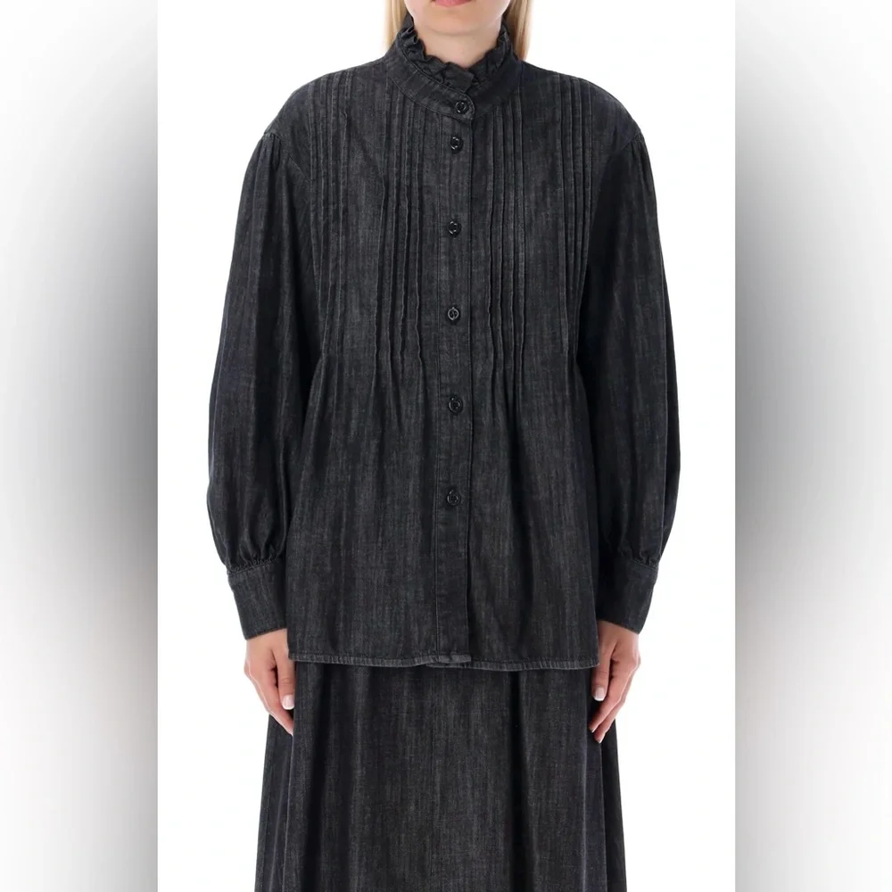 SEE BY CHOLÉ Ash Black Cotton Ruffled Denim Mock Neck Long Sleeves Shirt Size:S - Picture 4 of 11